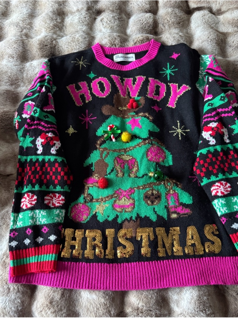 No Boundaries Black, Green & Pink HOWDY Christmas Embellished Sweater